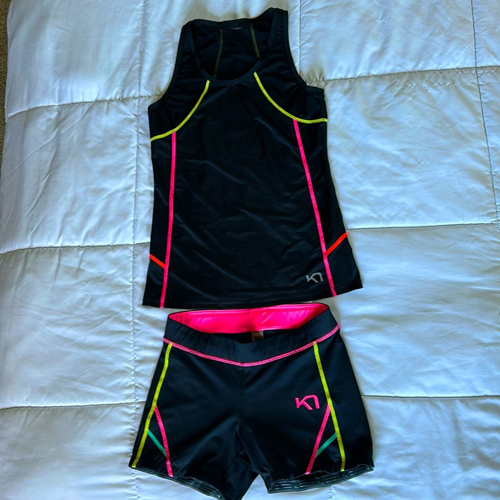 NWOT Kari Traa Black Neon Running Triathlon Kit Size M Tank and Shorts